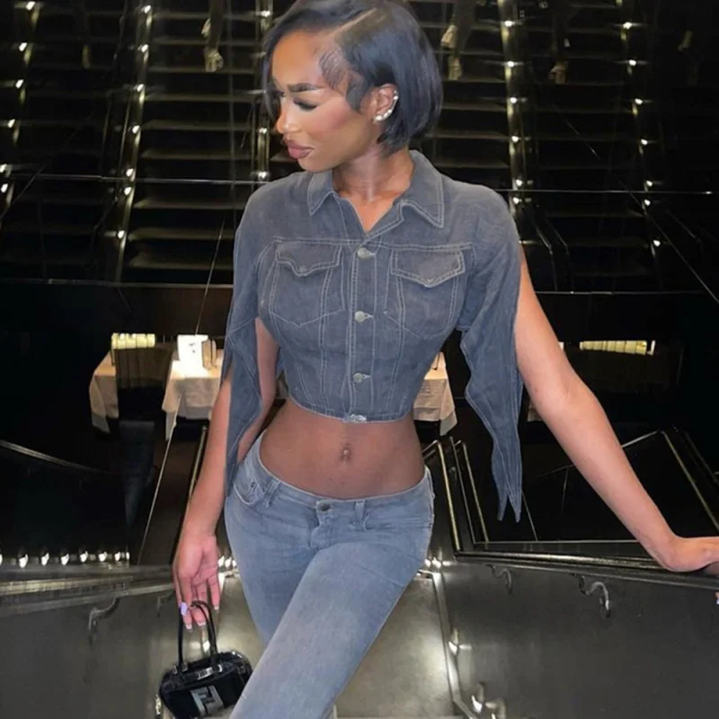 Women Fashion Lapel Button Slit-Sleeve Cropped Denim Jacket Denim Fabric Leather Fabric Suede Fabric Women Fashion Lapel Button Slit-Sleeve Cropped Denim Jacket Denim Fabric Leather Fabric Suede Fabric