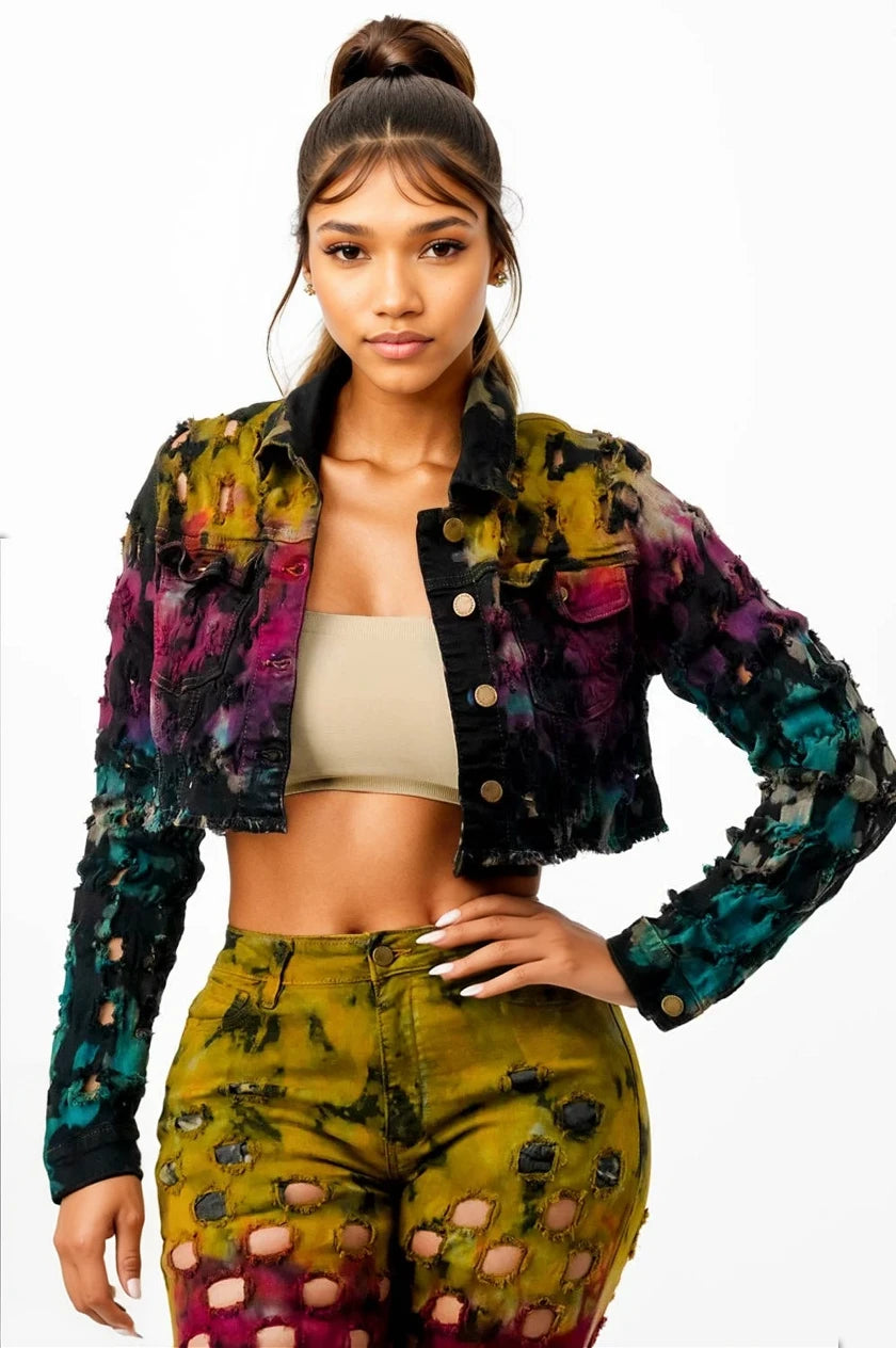 Tie Dye Cropped Denim Jacket with Coin Hole Cotton Fabric Linen Fabric Terry Fabric