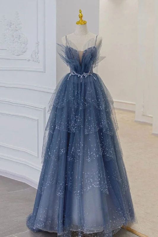 A Line Spaghetti Straps Evening Party Dresses Blue Tulle Long Prom Dresses Tunics Summer linen A Line Spaghetti Straps Evening Party Dresses Blue Tulle Long Prom Dresses Tunics Summer linen