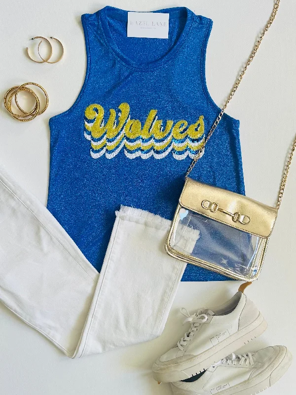 Wolves Script Glitter Tank- Blue comfortable tank top