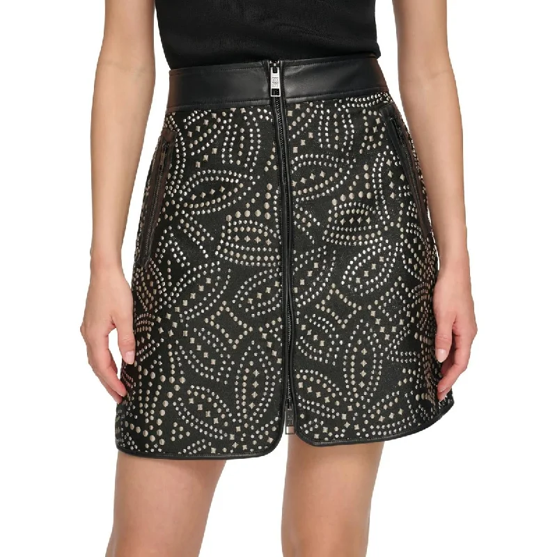 DKNY Womens Embroidered Studded Mini Skirt leather skirt bold