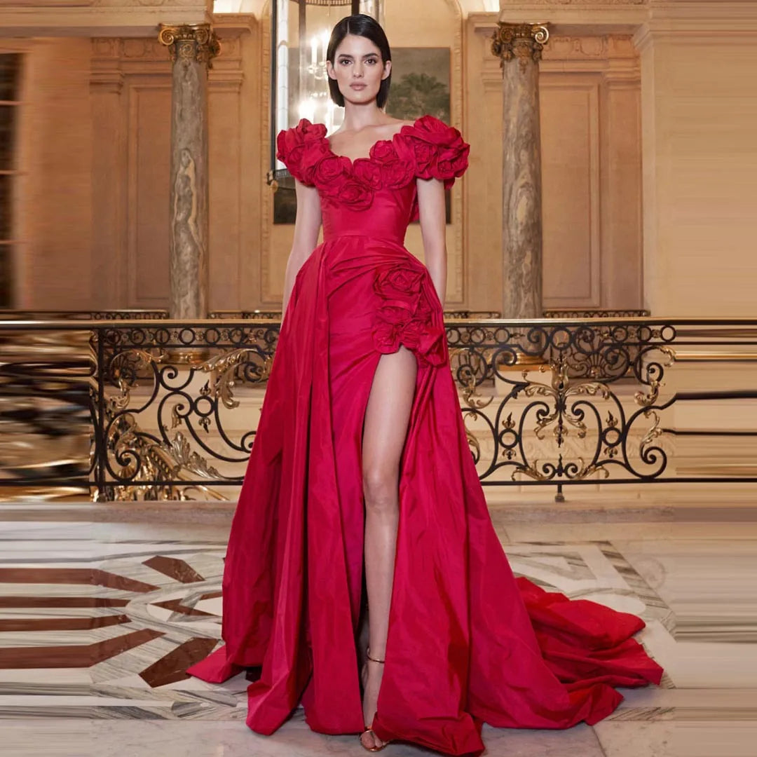 Lunivop Unique 3D Flowers Satin Wedding Dress Pretty Floral Edge V Neck Long Bridal Gowns Side Slit Taffeta Prom Party Dresses Customize Tunics Favorite customer Lunivop Unique 3D Flowers Satin Wedding Dress Pretty Floral Edge V Neck Long Bridal Gowns Side Slit Taffeta Prom Party Dresses Customize Tunics Favorite customer