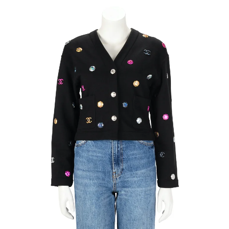 Chanel Black Jersey Bijoux CC Cardigan FR 34 Neon metallic Matte