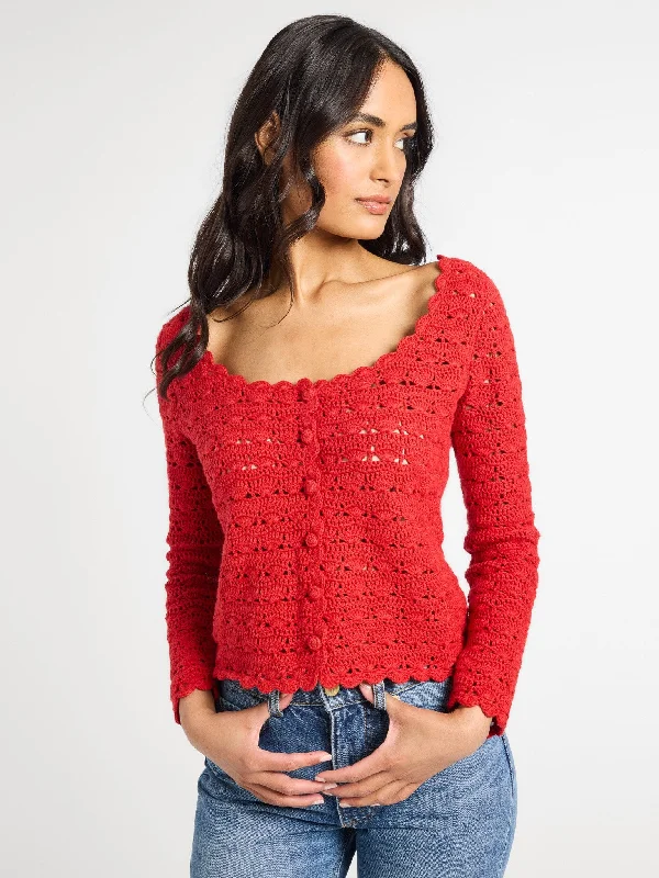 Rosie Cardigan in Cherry Chenille Blend Fleece Blend Nylon Blend