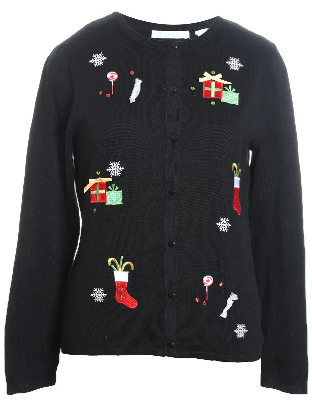 Black Embroidered Christmas Present Design Cardigan - M Real Fur Shearling Chenille