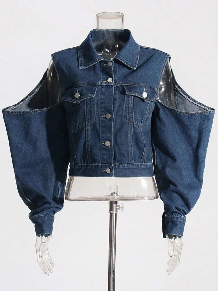 Cut Out Cold Shoulder Denim Jacket A-Line Jacket Boat Neck Shawl Collar