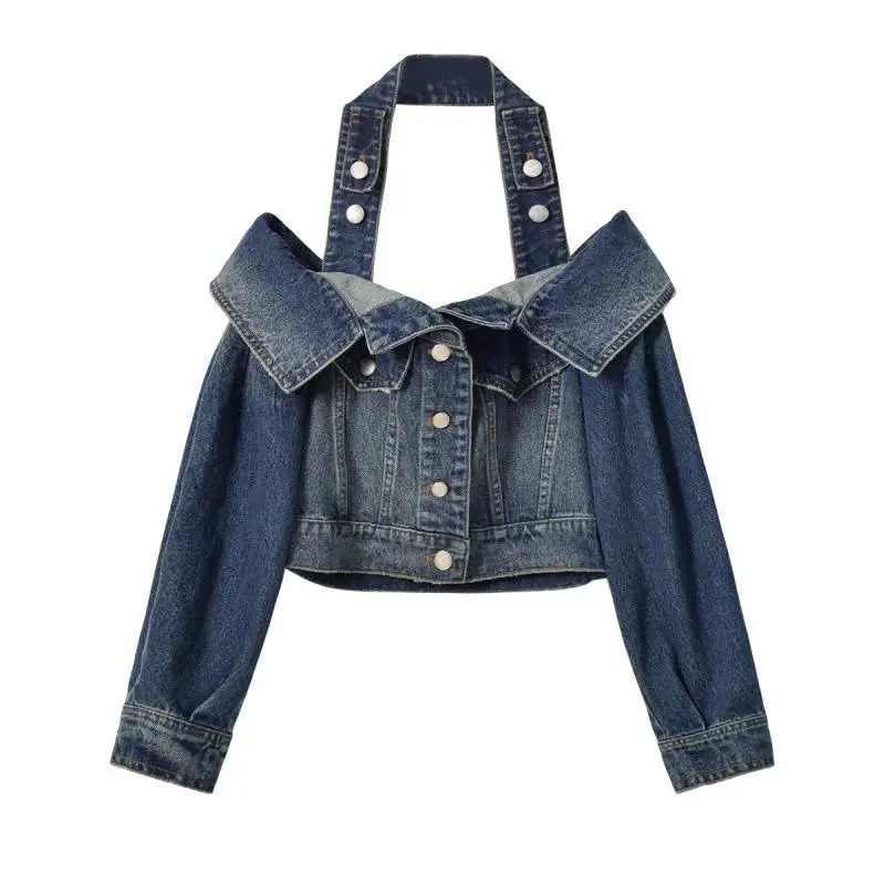 Off Shoulder Denim Jacket Stand-Up Collar Roll-Neck Collar Turtle Neck