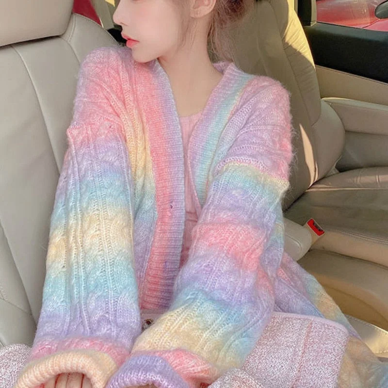 Rainbow Knitted Cardigan Women Autumn winter Sweet Kawaii Sweater Coat Female long Korean Button Down Cardigan Fall Women Cotton Fabric Linen Fabric Terry Fabric Rainbow Knitted Cardigan Women Autumn winter Sweet Kawaii Sweater Coat Female long Korean Button Down Cardigan Fall Women Cotton Fabric Linen Fabric Terry Fabric
