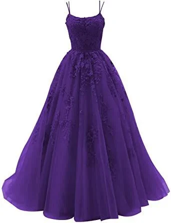 Purple Spaghetti Strap Prom Dresses Long Tulle Lace Appliques Princess Birthday Party Dress Y879 Tunics Favorite customer Purple Spaghetti Strap Prom Dresses Long Tulle Lace Appliques Princess Birthday Party Dress Y879 Tunics Favorite customer