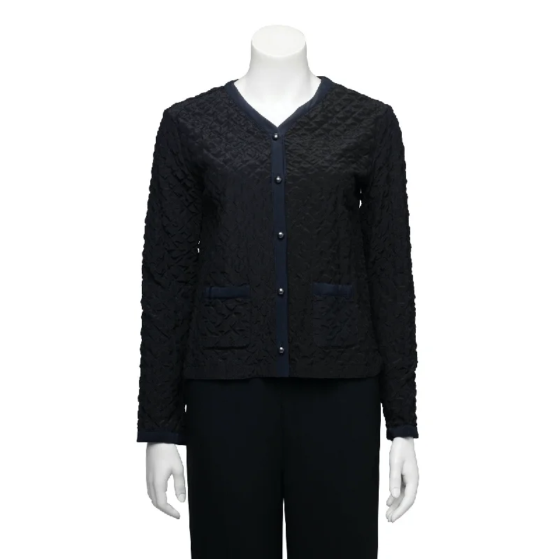 Chanel Navy & Black Quilted Silk Edge to Edge Cardigan FR 36 Stretchy Elastic Breathable