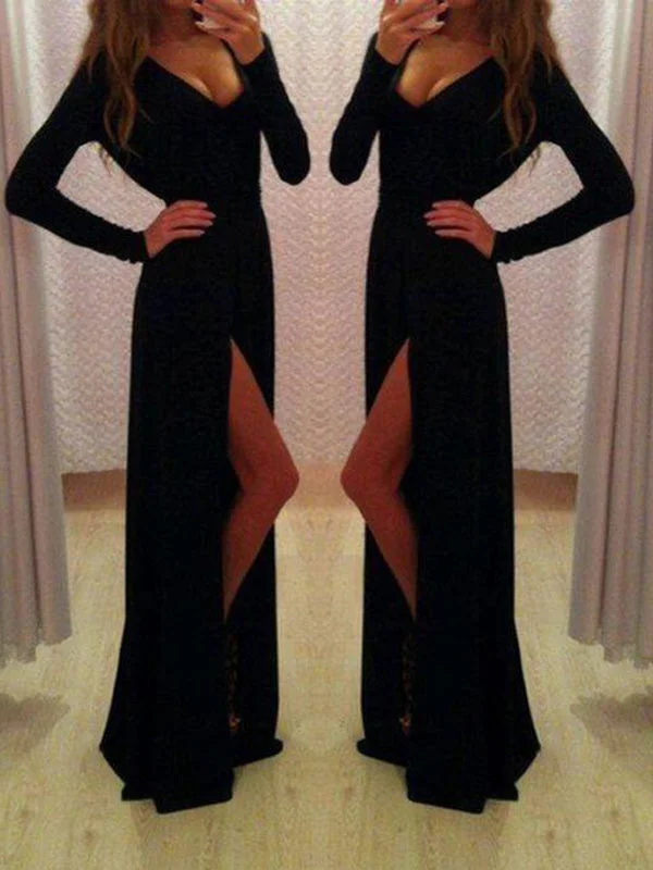 New Long Sleeve Black A-line Sexy Elegant Modest Evening Party Dress. PD0214 Tunics Solid Classic