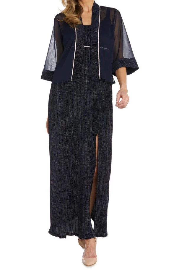 LONG CRINKLED PLEATED JACKET DRESS - NAVY/SILVER Welt Pockets Slit Pockets Flap Pockets