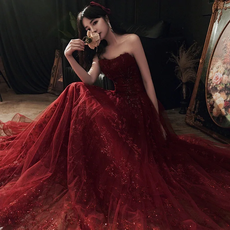 Wine Red Floral Lace and Tulle Long Evening Gown Party Dress, Burgundy Formal Dresses Y1661 High-Low Hemline Casual Wine Red Floral Lace and Tulle Long Evening Gown Party Dress, Burgundy Formal Dresses Y1661 High-Low Hemline Casual