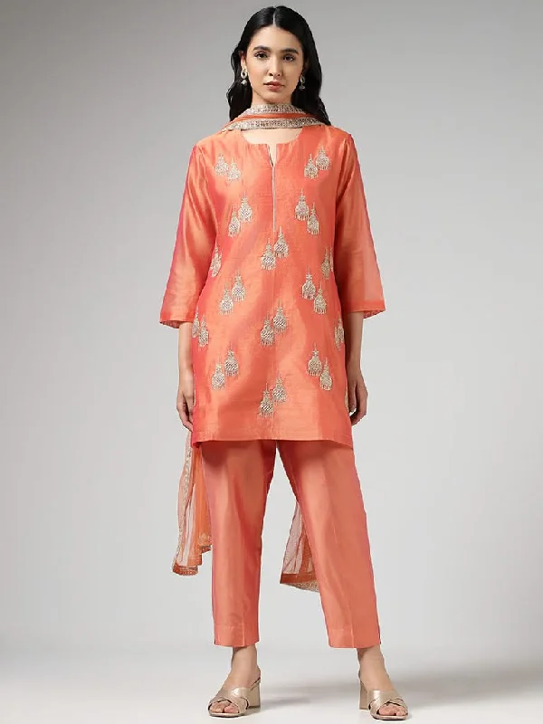 Vark Jumkha Embroidered Coral Kurta with Pants & Dupatta Soft Stretch Pants