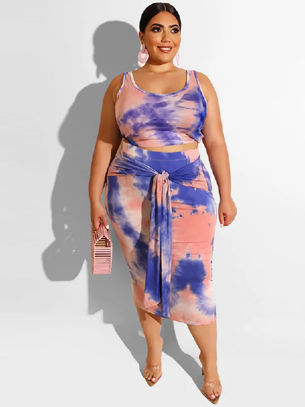 Plus Size Two Piece Tank Top + Midi Skirt Set mesh tank top