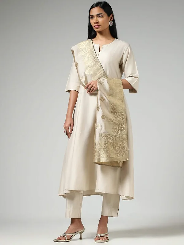 Vark Cream Kurta, Pants & Floral Printed Dupatta Set Cozy Full-Length Pants