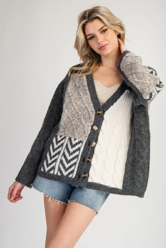 MIXED TEXTURED BOXY CARDIGAN SWEATER - STORM Cashmere Blend Cotton Blend Poly Blend