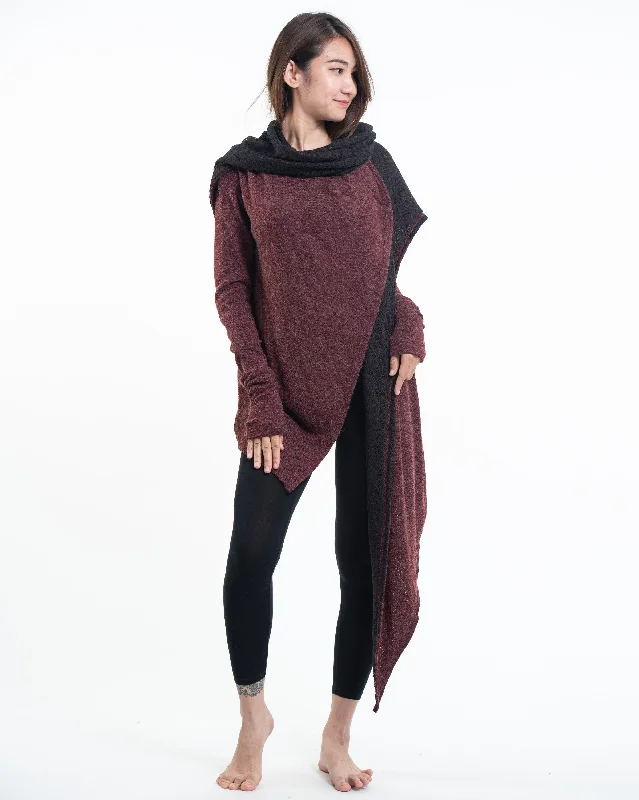 Hoodie Shawl Cardigan in Maroon Chenille Blend Fleece Blend Nylon Blend