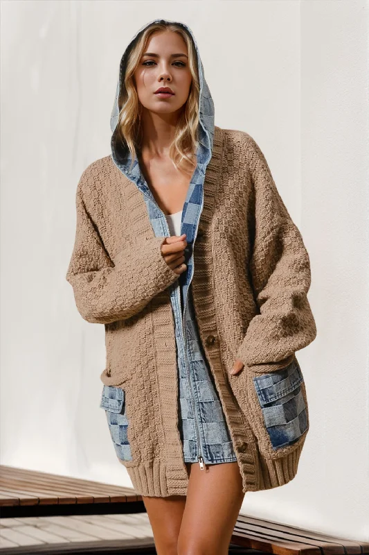 Full Size Hooded Denim Spliced Sweater Cardigan Embroidered Appliqued Beaded