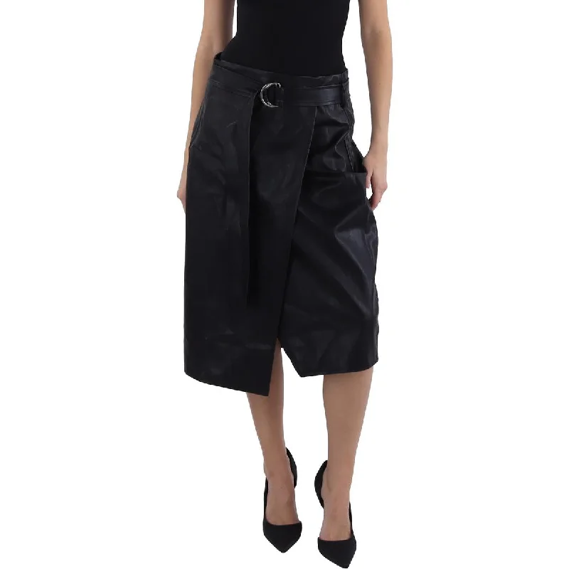 Gracia Womens Belted Faux Leather Midi Skirt wool skirt sturdy