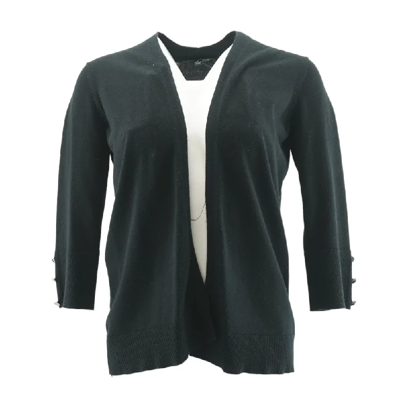 Black Solid Cardigan Sweater Cashmere Blend Cotton Blend Poly Blend