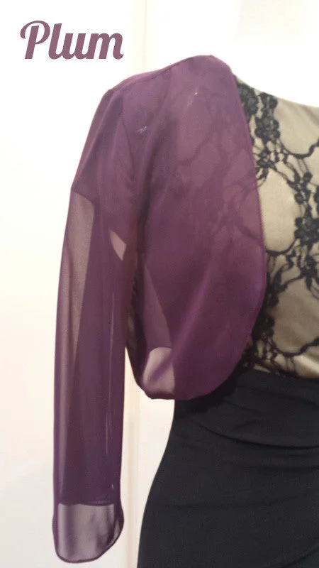 Mid Length Sleeve Sheer Plum Chiffon Bolero Jacket 3/4 Length Shrug Nylon Jacket Polyester Jacket Spandex Jacket Mid Length Sleeve Sheer Plum Chiffon Bolero Jacket 3/4 Length Shrug Nylon Jacket Polyester Jacket Spandex Jacket