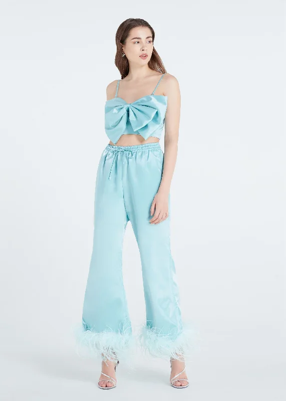 SGinstar Tia turquoise blue bow top and feathers boas pants  for women Casual Wide Pants