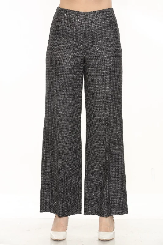 Joseph Ribkoff Black/Grey Sequined Houndstooth Wide-Leg Pants 244030 Cozy Knit Pants