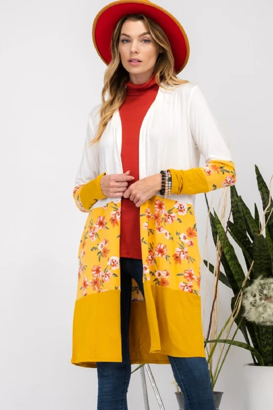 Celeste Full Size Floral Color Block Open Front Cardigan Asymmetrical,ymmetric Pencil Cardigan
