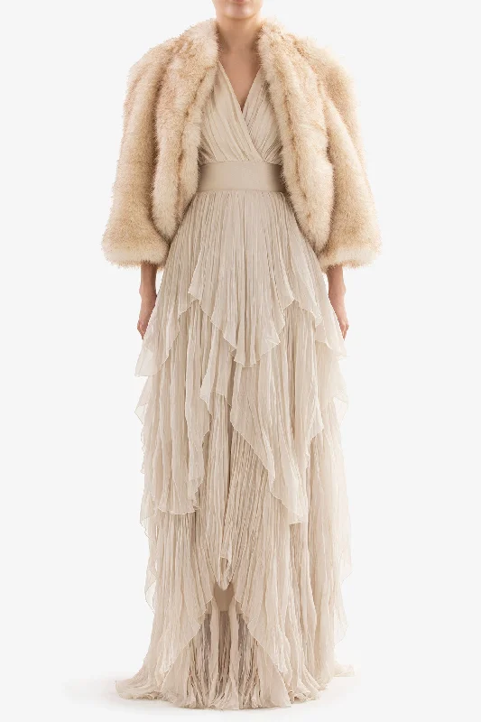 Muslin dress with short fur jacket Toggled Jacket Drawstring Jacket Belted Jacket
