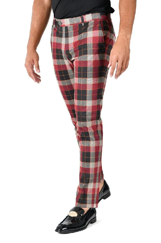 Barabas CP126 BE LOVELY WINE Grey and Red  Checkered Slim Fit Dress Pant Stylish Slim Trousers