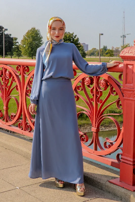 Premium Chiffon Maxi Skirt - Blue Gray button skirt front