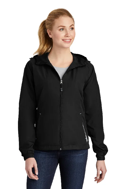 Sport-Tek Ladies Colorblock Hooded Raglan Jacket Stand-Up Collar Roll-Neck Collar Turtle Neck Sport-Tek Ladies Colorblock Hooded Raglan Jacket Stand-Up Collar Roll-Neck Collar Turtle Neck