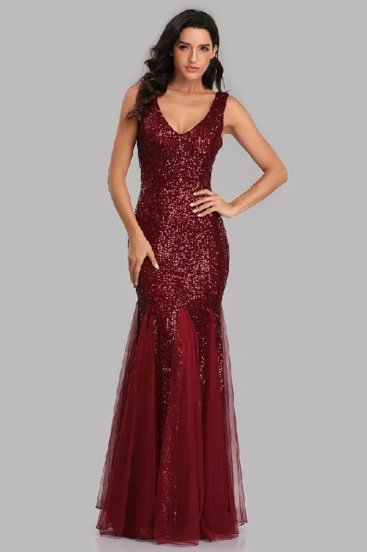 Sexy Burgundy Tulle V Neck Mermaid Sequin Prom Dresses, Evening Party Dresses STI15332 empire Waist empire Sexy Burgundy Tulle V Neck Mermaid Sequin Prom Dresses, Evening Party Dresses STI15332 empire Waist empire