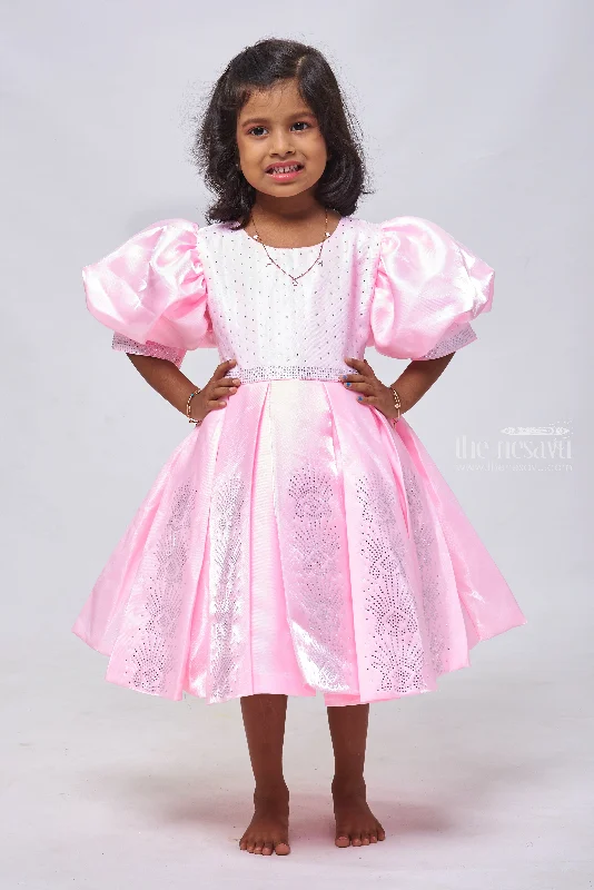 Pink Sparkle: Glitter-Stone Adorned Box Pleated Organza Party Dress for Girls Tunics Denim casual