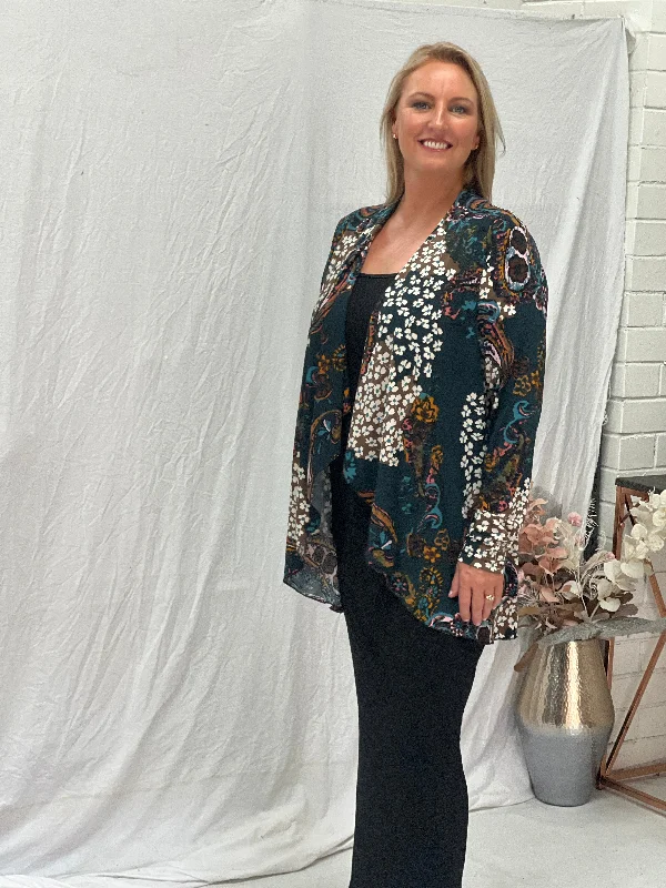 Oberon Dark Green Floral Jersey Cardigan Oversized Loose Flowy