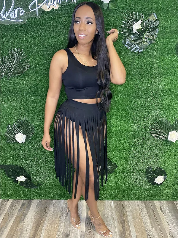 2 Piece Solid Color Tank Top+Tassels Skirt Sets cropped tank top