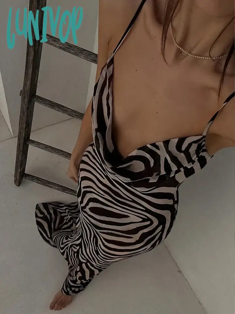 Lunivop Zebra Print Maxi Dress Women Fashion Sheer Chiffon Holidays Beach Dress Summer Elegant Sexy Front Cowl Backless Party Dress Tunics Custom made