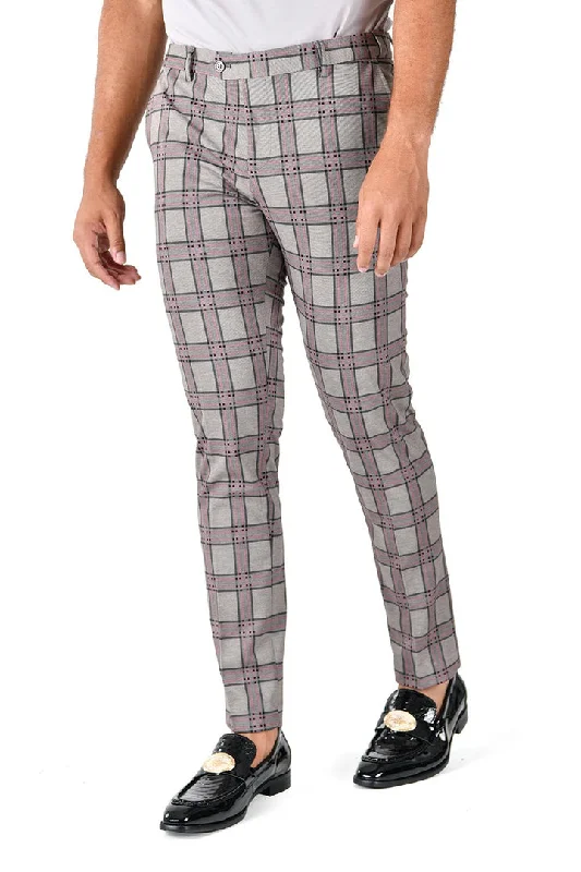 Barabas CP130 DON'T MESS WITH ME Light Grey and Pink Checkered Slim Fit Dress Pant Comfortable Cargo Pants