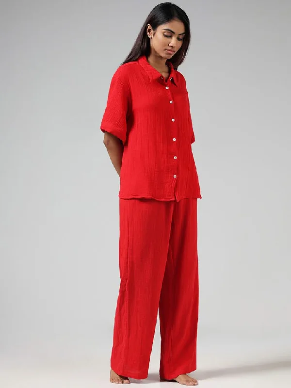 Wunderlove Solid Red Wrinkled Cotton Pants Comfy Zip-Up Pants