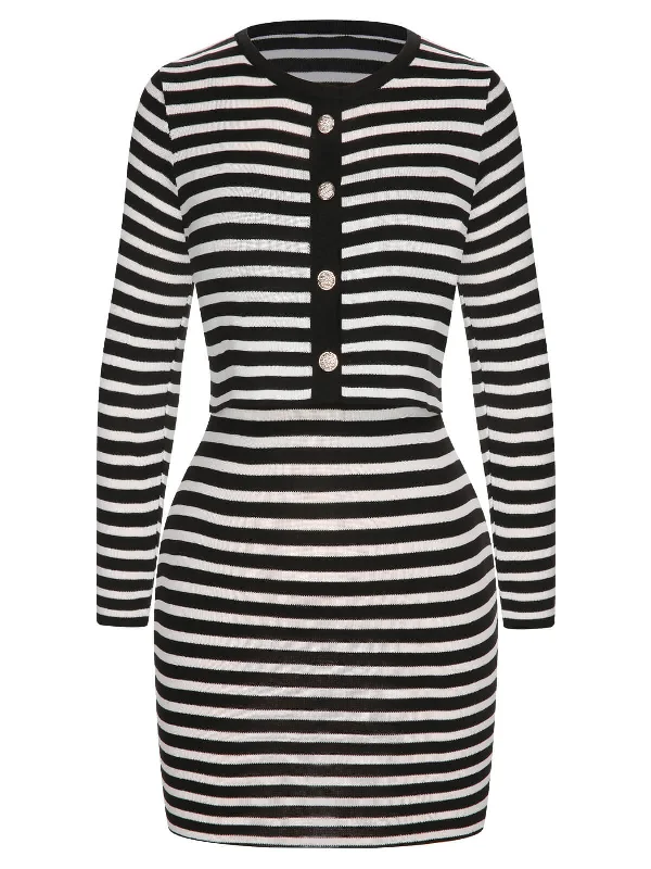 2PCS 1960s Black White Striped Knit Strap Dress & Cardigan Fleece Cardigan Nylon Polyester
