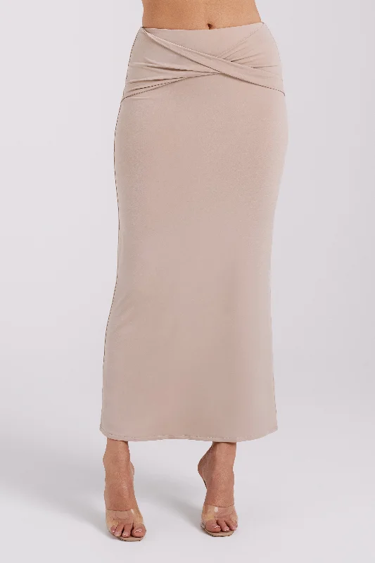 Ceri Maxi Twist Skirt - Taupe velvet skirt glossy