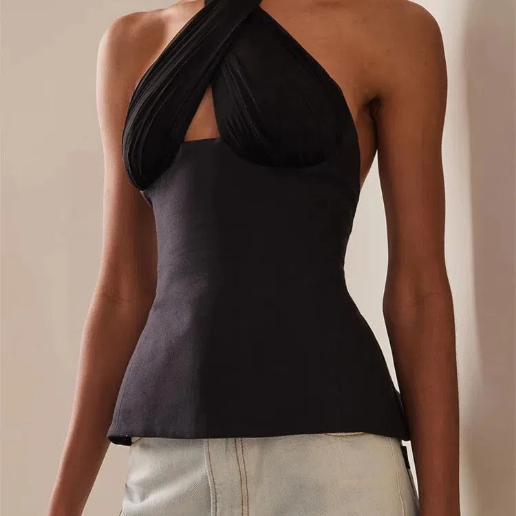 CHRONSTYLE Sexy Women Summer Fashion Tank Tops Solid Color Sleeveless Backless Tie-up Halter Off Shoulder Ruched Vest Streetwear print tank top