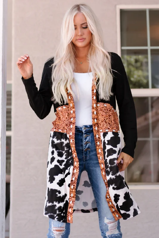 Printed Color Block Open Front Cardigan Elegant Classic Vintage