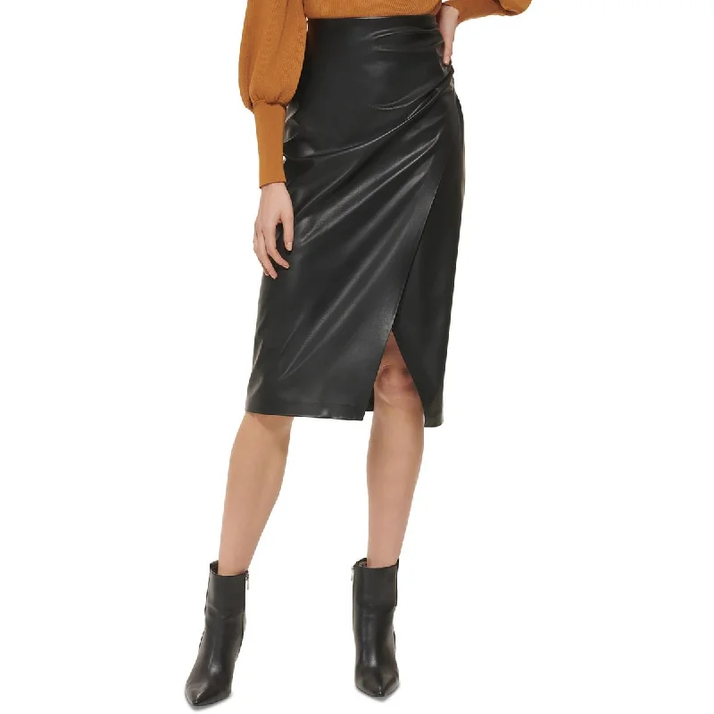 DKNY Womens Ruched Faux Leather A-Line Skirt lightweight skirt design