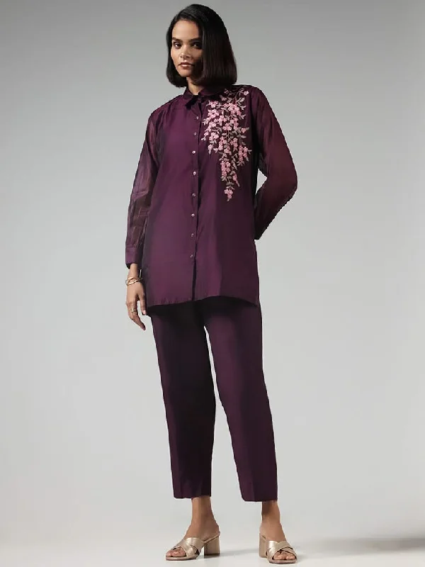 Vark Purple Embroidered Tunic and Pants Set Soft Stretch Leggings