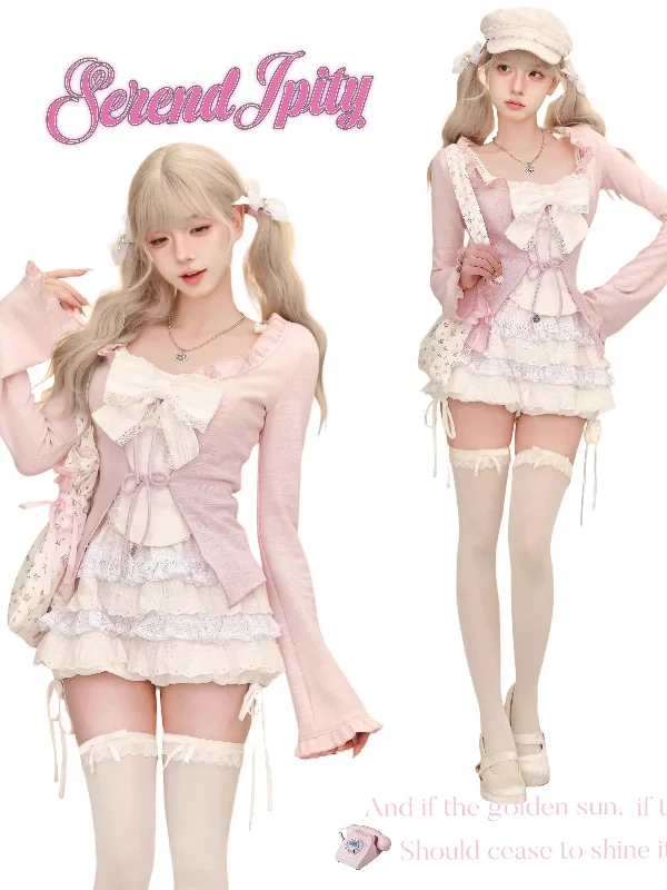 New Pink Sakura Suit (Cardigan + Suspenders) Cardigan Knitwear Sweater