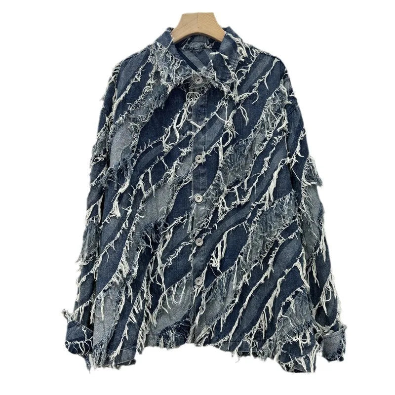 Full Sleeve Frayed Tassel Denim Jacket Fleece Jacket Down Jacket Parka