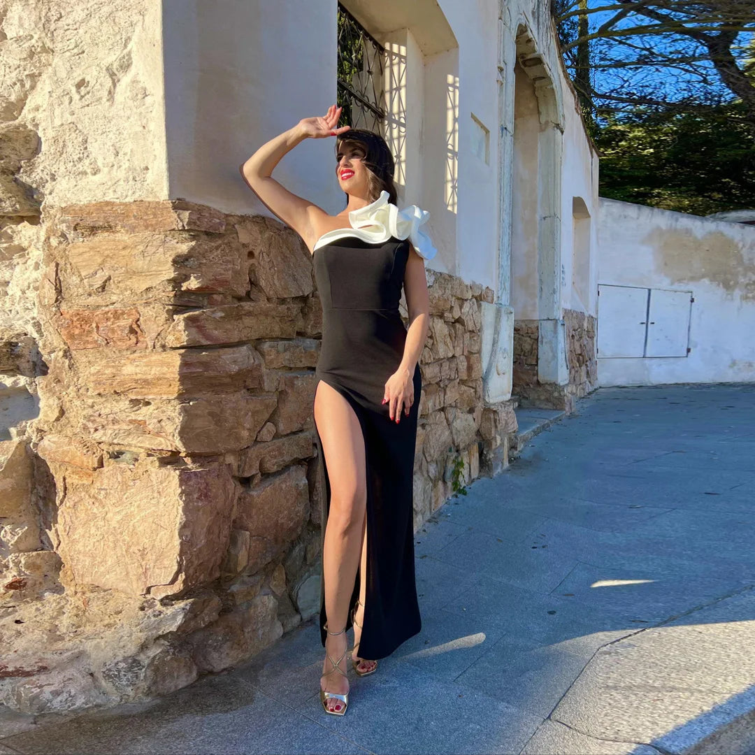 Lunivop Women High Slit Party Dress One Shoulder Ruffle White Black Contrast Color Maxi Female Event Prom Evening Celebrate Night Out Tunics Stylish modern Lunivop Women High Slit Party Dress One Shoulder Ruffle White Black Contrast Color Maxi Female Event Prom Evening Celebrate Night Out Tunics Stylish modern