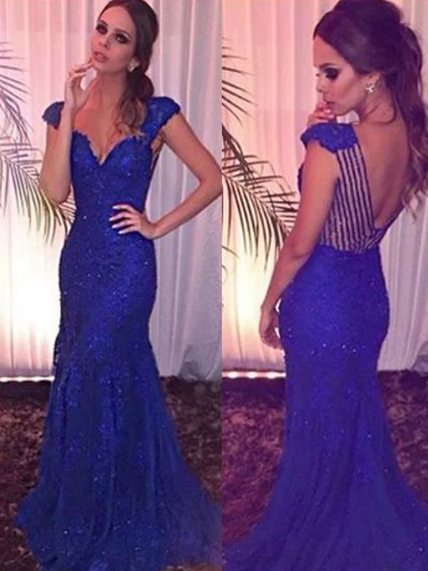 Royal Blue Mermaid Cap Sleeves V-Neck Sexy Evening Party Dress. PD261 Tunics Print Colorful